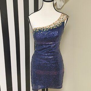 Dave & Johnny Blue Sequin One Shoulder Short Formal Dress Size 1/2